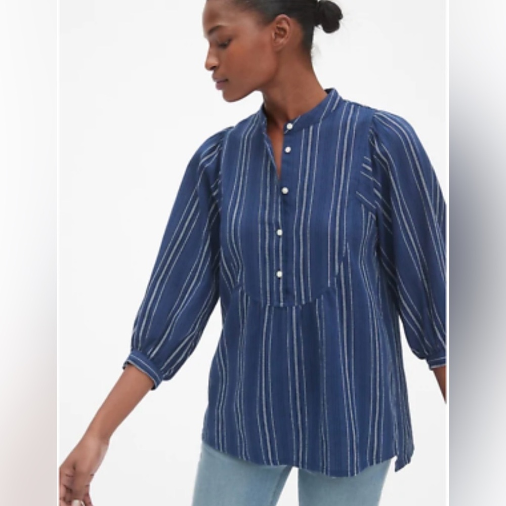 GAP Navy Vertical-Stripe Cotton Button-Front Peasant Blouse